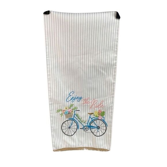 Embroidered Table Runner Blue Beach Bike Spring Basket Flowers Size 70” Length - Picture 2 of 10